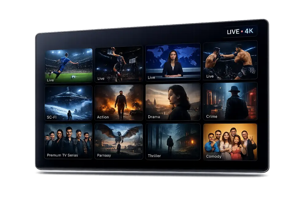 Watch live TV, sports, and movies in 4K with IPTV Ireland IPTV Ireland IPTV interface showing live sports, news, and 4K movie channels on a Smart TV